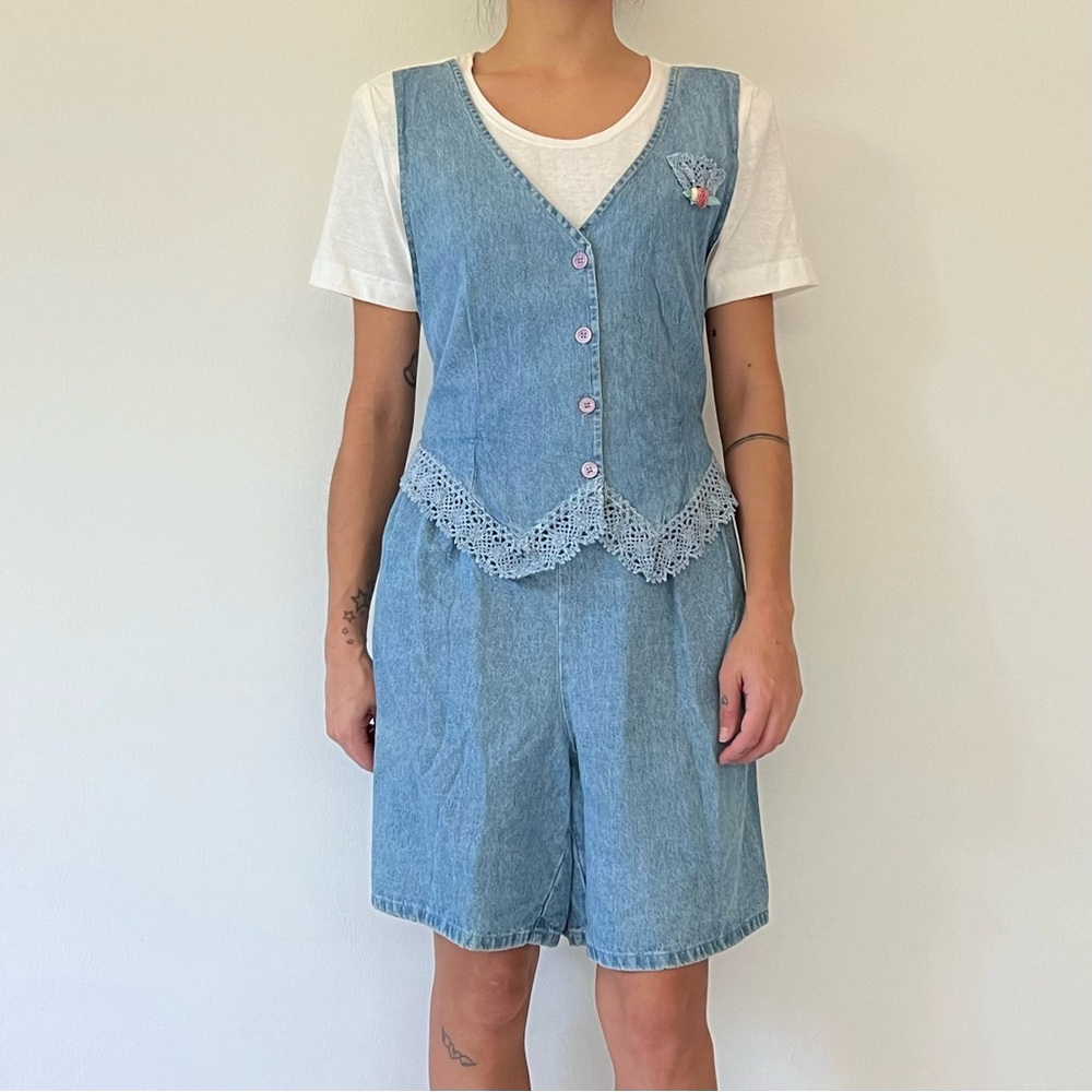 Alexandra Lee Vintage 80s Denim Romper Vest Shortalls